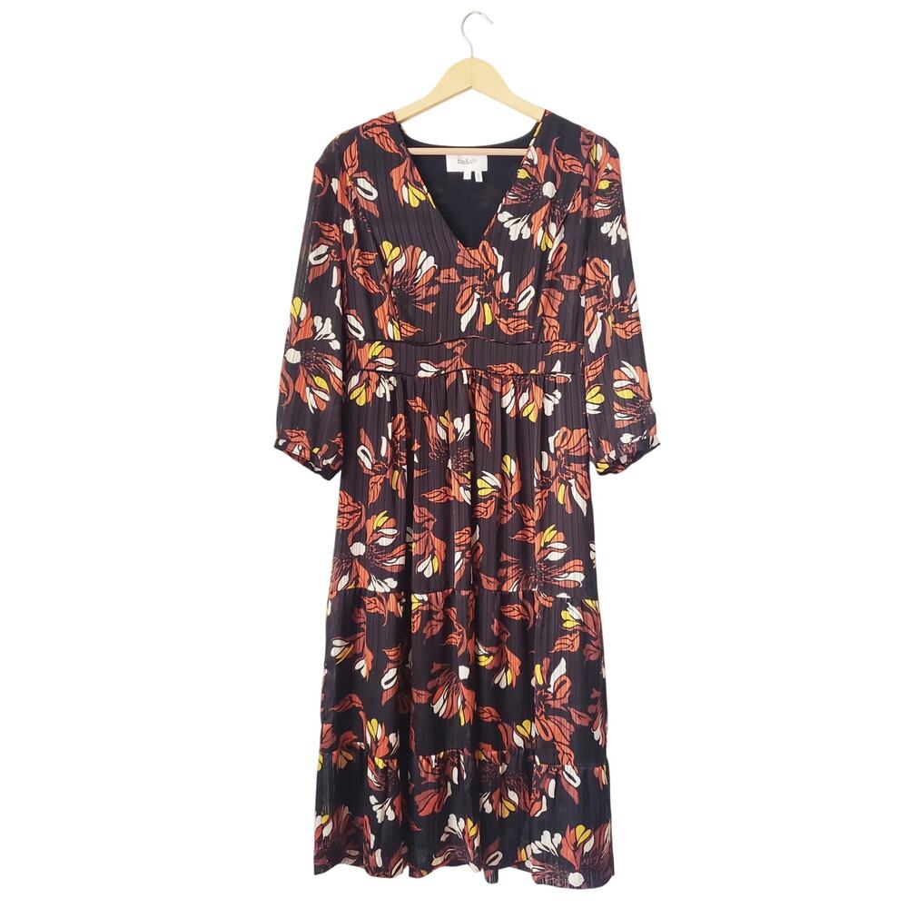 ba&sh Floral Print Midi Dress Black Size Large (US 10)